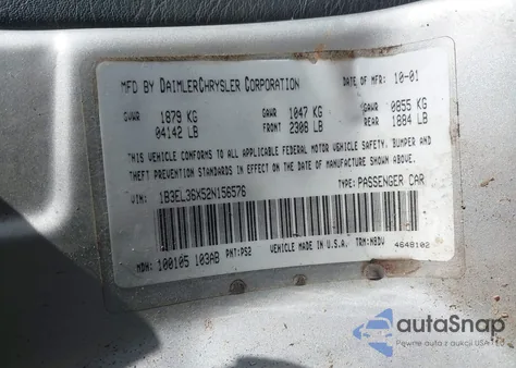 2002 Dodge Stratus Se from USA, damaged, VIN 1B3EL36X52N156576